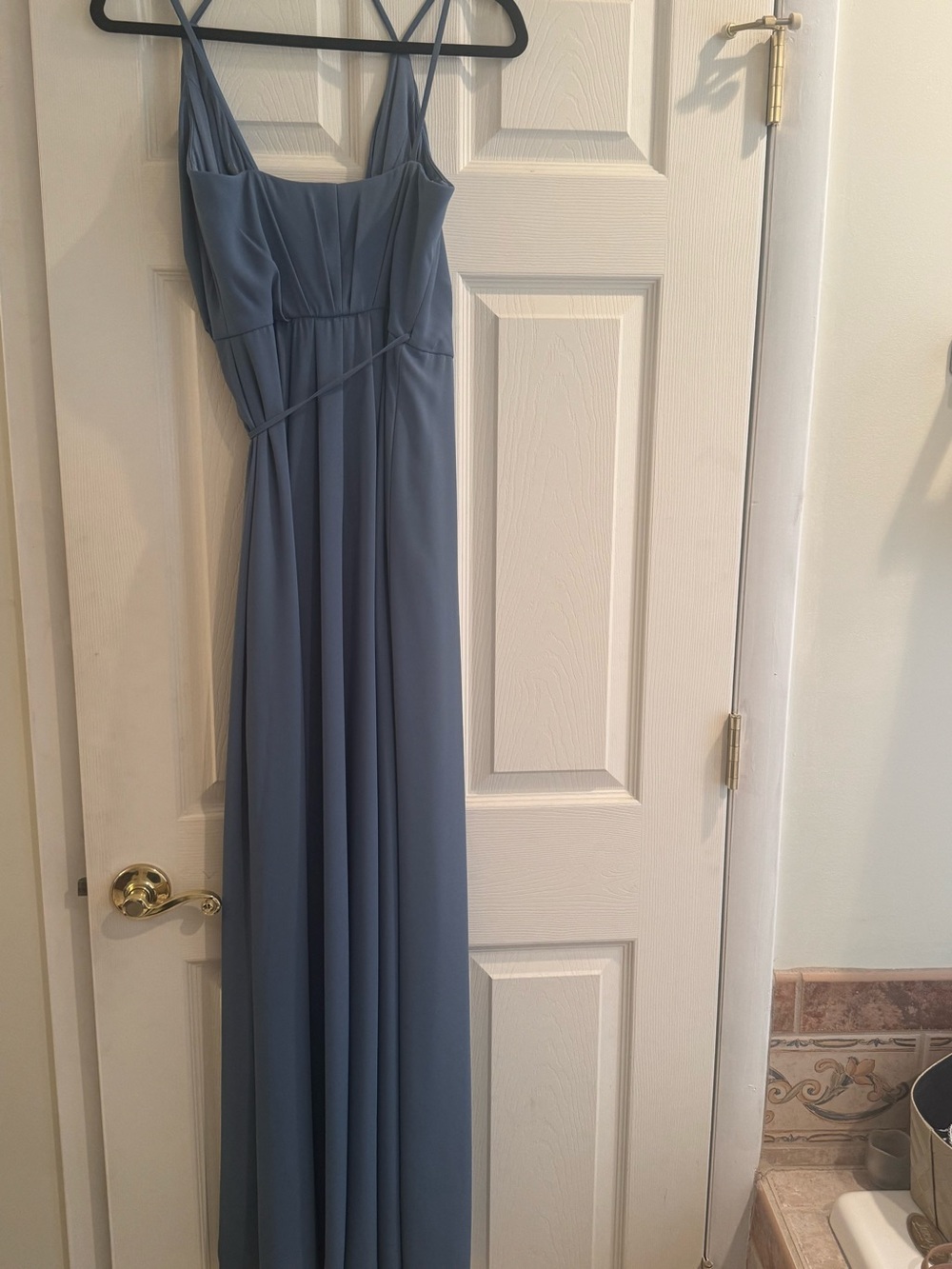 David's Bridal Dusty Blue V-Neck Maxi Dress